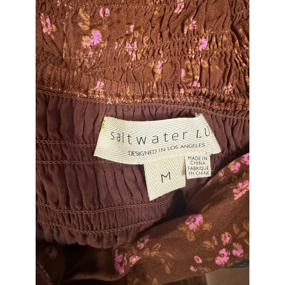 Saltwater Luxe Brown Pink Floral Smocked Puff Sleeve Crop Top Tie Front Medium - Picture 6 of 9